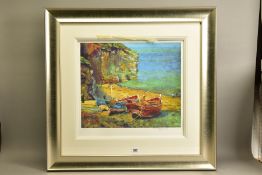 ROLF HARRIS (AUSTRALIA 1930) 'FIGURES ON THE BEACH' a limited edition print of fishing boats 48/195,
