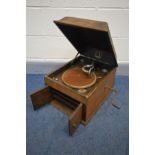A VINTAGE HIS MASTER'S VOICE TABLE TOP WIND UP GRAMOPHONE (winding handle) (over stained top,