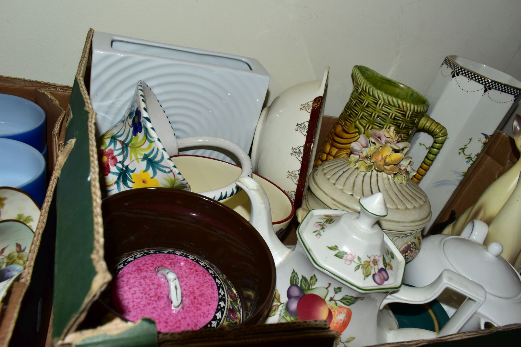 FIVE BOXES OF MISCELLANEOUS CERAMICS, including West German vase with fat larva shoulders, Denby - Image 8 of 11