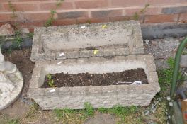 A PAIR OF BRICKWORK EFFECT COMPOSITE GARDEN PLANTERS rectangular in shape width 63cm, depth 24cm and