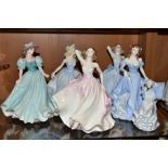 SIX COALPORT LADY FIGURES, comprising 'Bonnie Lass', blue X to the base, height 12cm and five Ladies