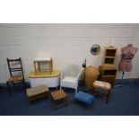 A QUANTITY OF VARIOUS PIECES OF FURNITURE, to include a Lloyd loom basket chair, ottoman, Ali Baba