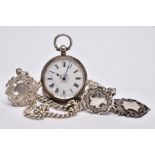 A SILVER OPEN FACE POCKET WATCH, A SILVER ALBERT WITH THREE FOBS, the ladies pocket watch with a