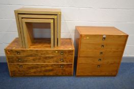 A YEW WOOD CHEST OF THREE LONG DRAWERS with square brass handles, width 100cm x depth 45cm x