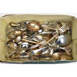 A BOX OF ASSORTED FLATWARE, to include various silver plated and EPNS forks, knives, tablespoons,