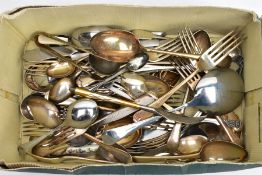 A BOX OF ASSORTED FLATWARE, to include various silver plated and EPNS forks, knives, tablespoons,