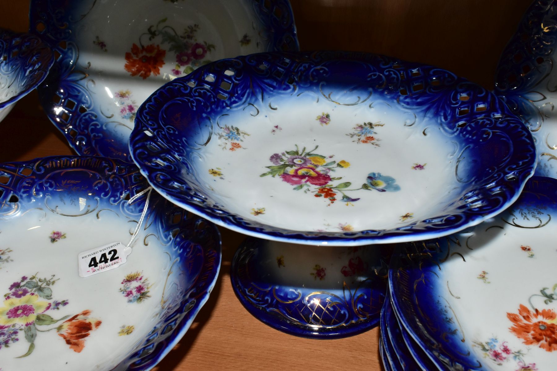 A VICTORIA, AUSTRIA, PORCELAIN DESSERT SET, transfer printed floral design with pierced borders, - Image 4 of 16