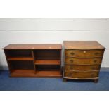 A MAHOGANY DOUBLE SIDED OPEN BOOKCASE, width 127cm x depth 31cm x height 77cm along with a