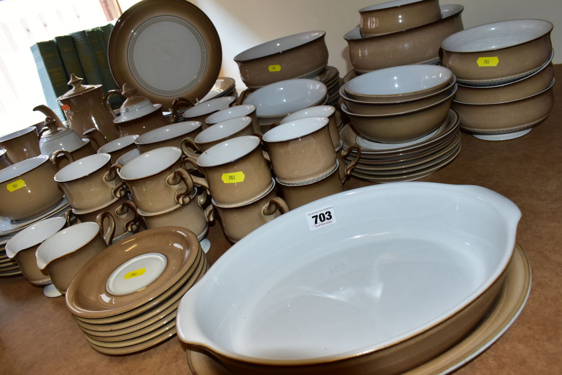 A COLLECTION OF DENBY 'SEVILLE' PATTERN DINNER AND TEA WARES, including two open serving dishes,