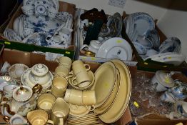 FIVE BOXES OF CERAMICS AND GLASS WARES, ETC, to include Johnsons/Furnival Denmark pattern dinner/tea