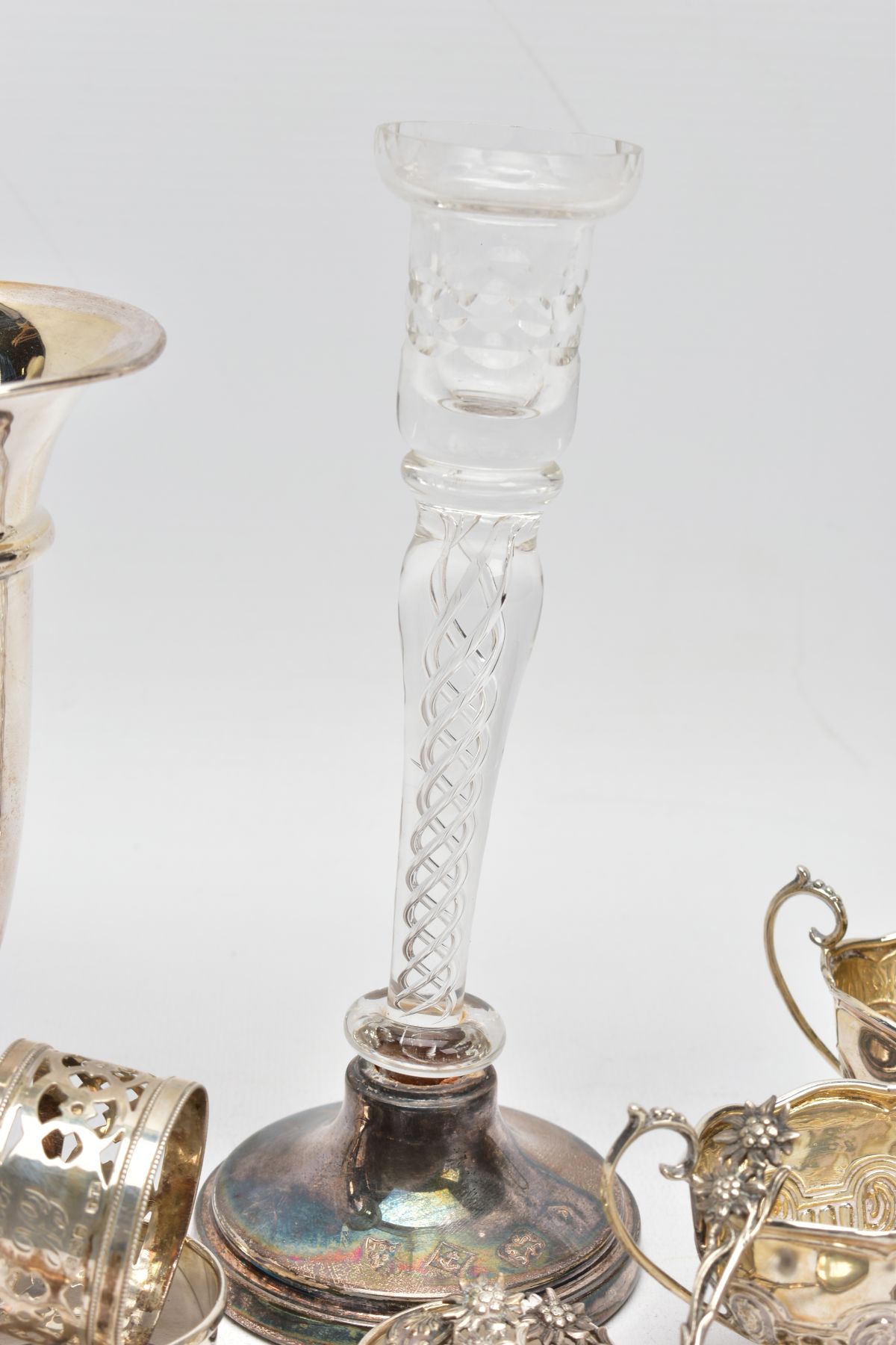 A SELECTION OF SILVERWARE, to include a silver bud vase, a further glass and silver bud vase, both - Image 2 of 8