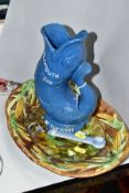 A DARTMOUTH DEVON 'PLYMOUTH GIN' BLUE GURGLE JUG, height 23.5cm (chip to base), together with a