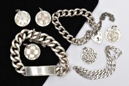 A SELECTION OF SILVER BRACELETS AND FOBS, to include a heavy wide identification bracelet, vacant