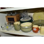 A QUANTITY OF DENBY TEA, DINNER AND GLASSWARE, including a boxed set of four 'Jet' small tumblers