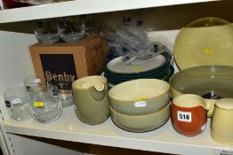 A QUANTITY OF DENBY TEA, DINNER AND GLASSWARE, including a boxed set of four 'Jet' small tumblers