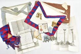 A BOX OF MASONIC REGALIA, to include a silver gilt Masonic medal, stamped to the reverse 'G.