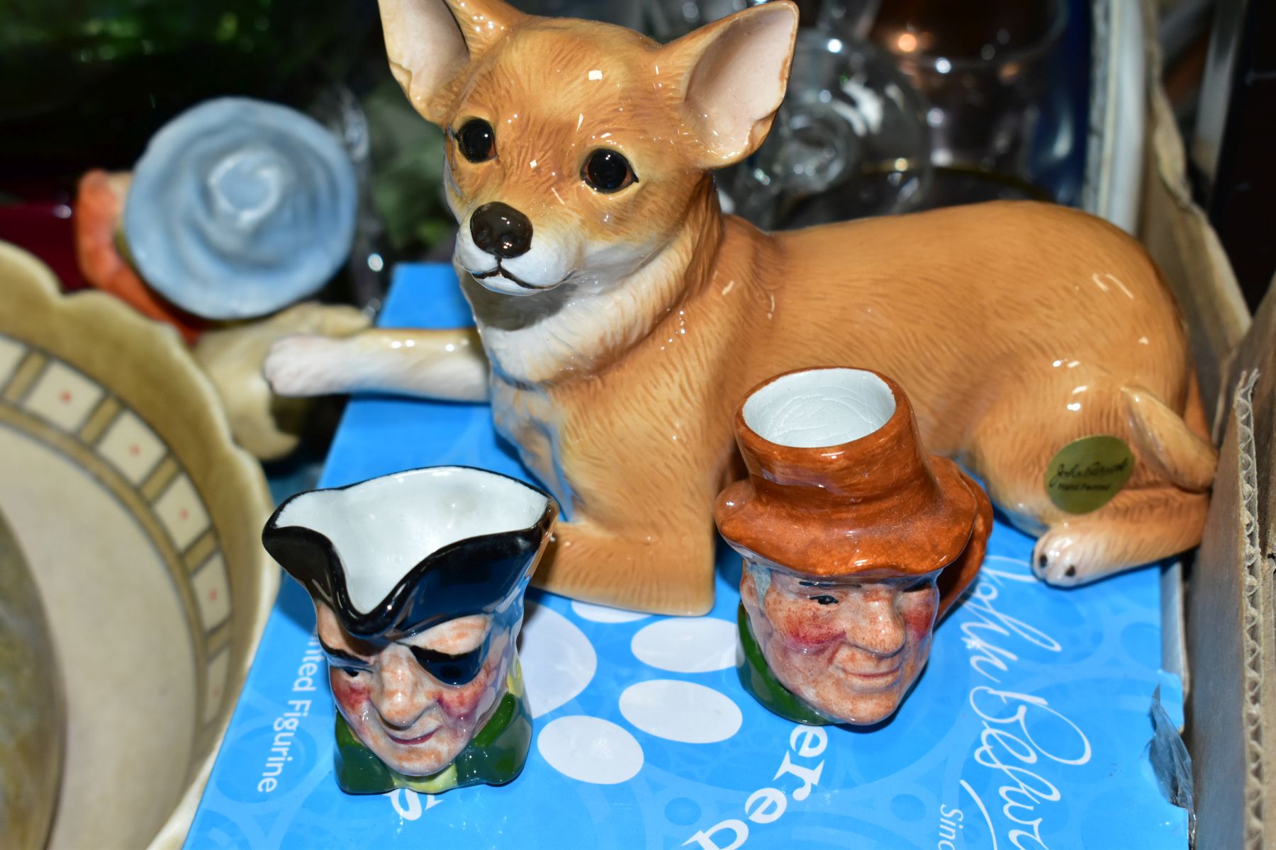 FOUR BOXES OF CERAMICS, GLASS, BOOKS, TREEN, PRINTS, etc, including a boxed Beswick Pampered Pooches - Image 6 of 9