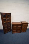 AN OLD CHARM OAK LEAD GLAZED TWO DOOR CORNER CUPBOARD, two door computer cabinet, two door tv