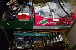 FOUR BOXES AND LOOSE OF KITCHENALIA, CHRISTMAS DECORATIONS etc, to include a Lacor mincer,