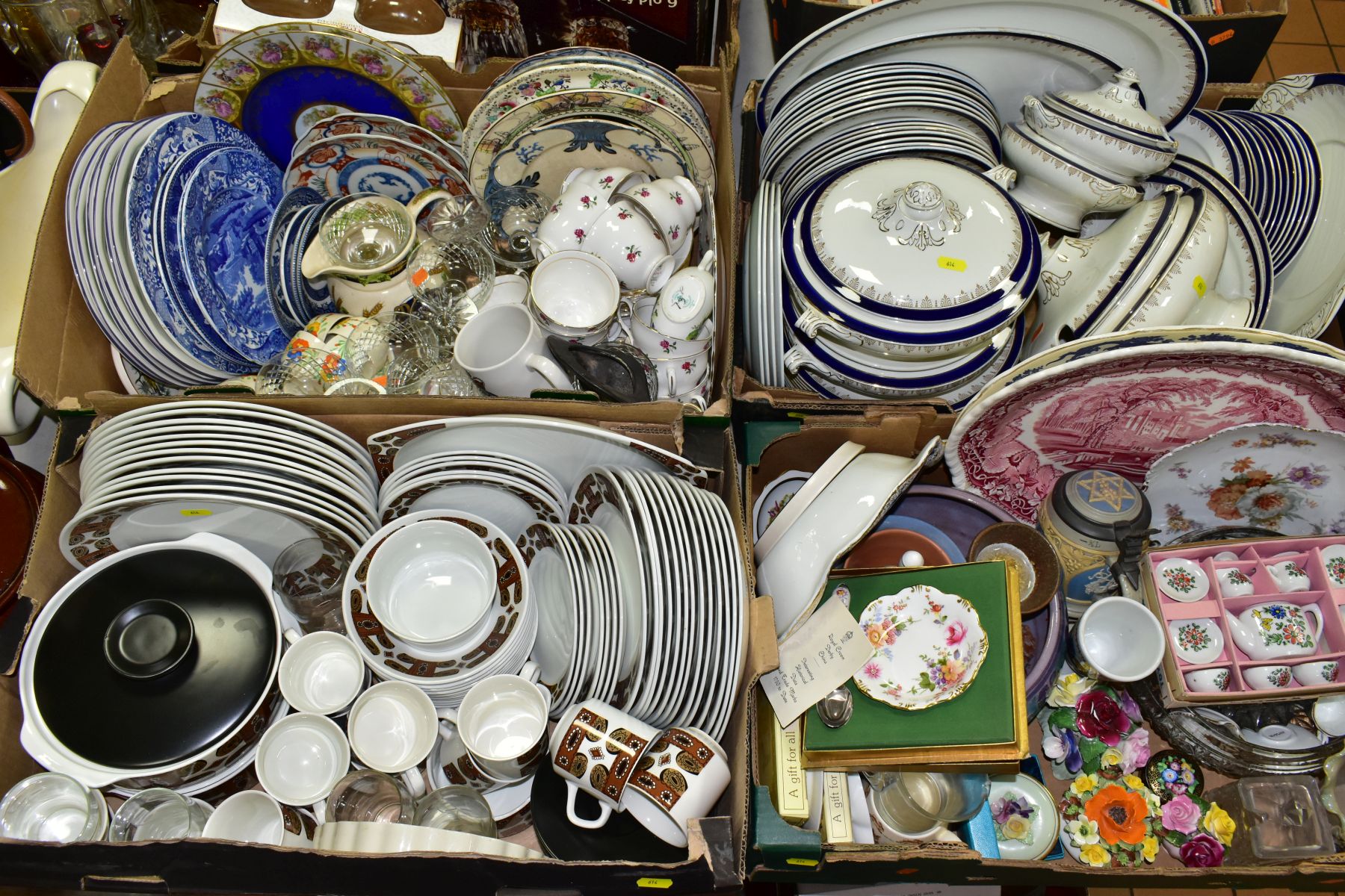 FOUR BOXES AND LOOSE CERAMICS, to include part dinner service with blue and brown decoration, RD