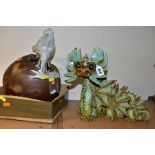 A LARGE YARE DESIGNS ENGLAND POTTERY DRAGON, with paper label to base, height 28cm x length 36cm,