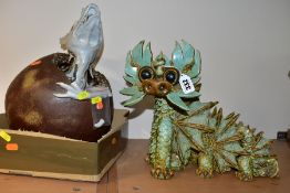 A LARGE YARE DESIGNS ENGLAND POTTERY DRAGON, with paper label to base, height 28cm x length 36cm,