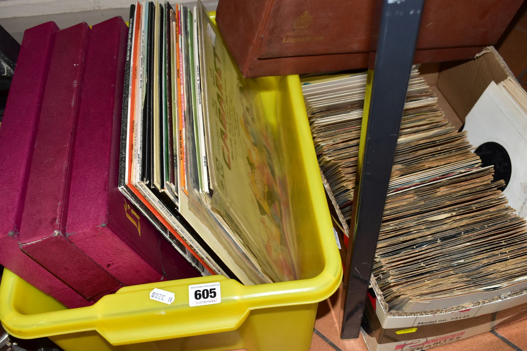 A CASE OF LINGUAPHONE SINGLES AND TWO BOXES OF LPs AND SINGLES, including three sleeves of 'Living