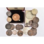 A BOX LID CONTAINING A SMALL AMOUNT OF COINS, to include a Elizabeth I hammered sixpence 1575mm