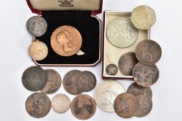 A BOX LID CONTAINING A SMALL AMOUNT OF COINS, to include a Elizabeth I hammered sixpence 1575mm