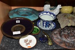 A COLLECTION OF ASSORTED STUDIO POTTERY, including a Jugtown whale, a Jugtown hen, a Carron