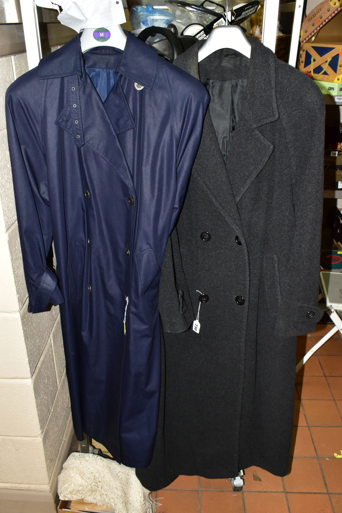 A SMALL GROUP OF LADIES CLOTHING, etc, comprising a BHS steel grey overcoat with belt, size 14, an M