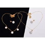 A 9CT GOLD CULTURED PEARL NECKLACE AND A YELLOW METAL PENDANT NECKLACE WITH MATCHING EARRINGS, the
