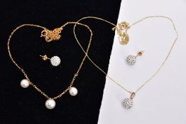 A 9CT GOLD CULTURED PEARL NECKLACE AND A YELLOW METAL PENDANT NECKLACE WITH MATCHING EARRINGS, the