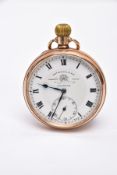 A 9CT GOLD OPEN FACE POCKET WATCH, round white dial signed 'Thos Russel & Son Tempus Fugit,