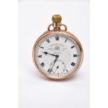 A 9CT GOLD OPEN FACE POCKET WATCH, round white dial signed 'Thos Russel & Son Tempus Fugit,