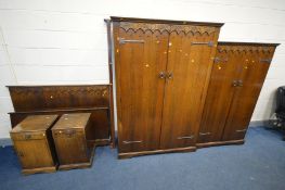 A LOCK OF LONDON OAK FIVE PIECE BEDROOM SUITE, comprising a two door wardrobe, width 127cm x depth