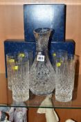 A STUART CRYSTAL 'SHAFTESBURY' CARAFE, together with matching six, boxed highball glasses (7) (