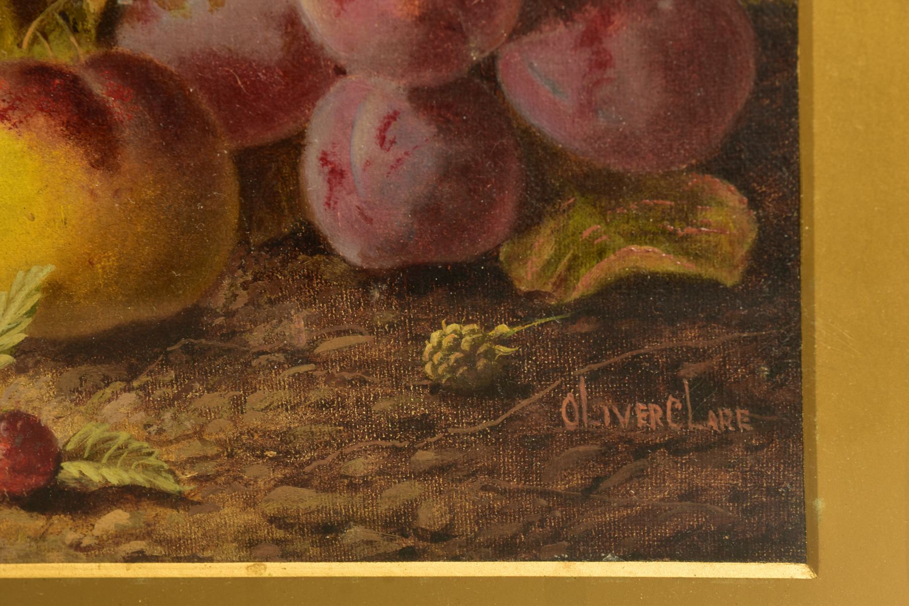 OLIVER CLARE (1852-1927) Plums, grapes and raspberries on a mossy bank, signed bottom right, oil - Image 4 of 11