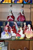 NINE ROYAL DOULTON FIGURES, comprising Lavinia HN1955 (with a box), Peggy HN2038 (with a box), Lydia