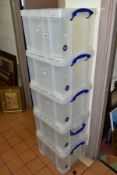FIVE 35 LITRE PLASTIC STORAGE BOXES BY THE REALLY USEFUL BOX COMPANY, all with lids and handles