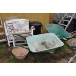 TWO BUILDERS PLASTIC WHEELBARROWS, three folding garden chairs, a plastic dustbin and two terracotta