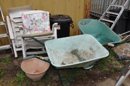 TWO BUILDERS PLASTIC WHEELBARROWS, three folding garden chairs, a plastic dustbin and two terracotta