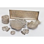A SELECTION OF ASIAN WHITE METAL DECORATIVE ITEMS, to include a rectangular tray with an embossed