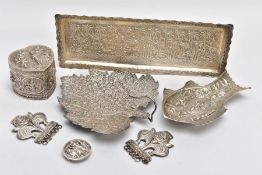 A SELECTION OF ASIAN WHITE METAL DECORATIVE ITEMS, to include a rectangular tray with an embossed