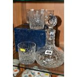 A STUART CRYSTAL SHAFTESBURY PATTERN ONION SHAPED DECANTER AND STOPPER AND TWO BOXED PAIRS OF