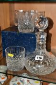 A STUART CRYSTAL SHAFTESBURY PATTERN ONION SHAPED DECANTER AND STOPPER AND TWO BOXED PAIRS OF