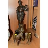 A GROUP OF FOUR BRONZES/BRONZED FIGURES, comprising a late 19th Century bronzed spelter figure of