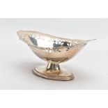 A SILVER PIERCED BONBON DISH, plain polished design, oval form with pierced detail, on a stepped