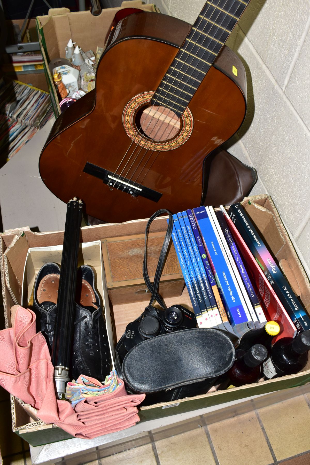 TWO BOXES OF CERAMICS, REVISION GUIDES, BINOCULARS, ETC, AND AN ACOUSTIC GUITAR, the guitar