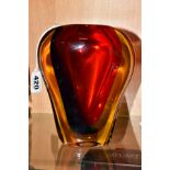 A MURANO OBALL TRI COLOUR CASED GLASS VASE, in red, blue and amber, bears betched signature to the